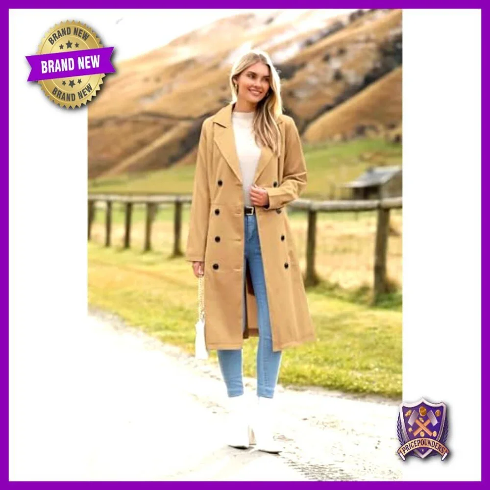 Double-Breasted Trench Coat with Belt Classic Elegant Slim Fit Office Wear